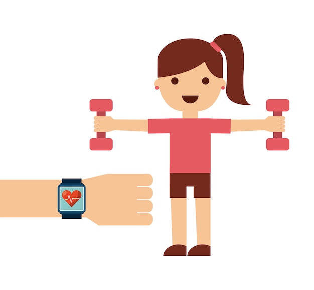 hand with smart watch and woman exercising 
