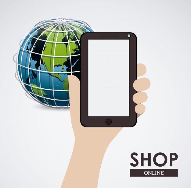 Hand with smartphone and Earth globe, shop online concept