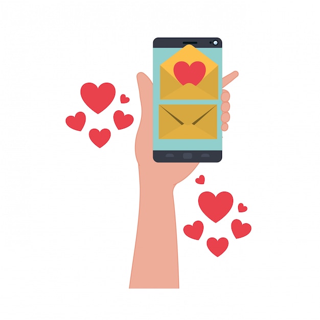 Hand with smartphone and hearts isolated icon