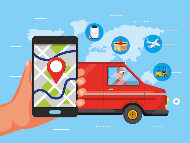 Рука с местоположением карты смартфона и человек в фургоне