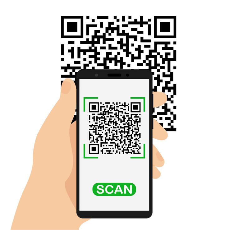 Vector hand with smartphone scans the qr code