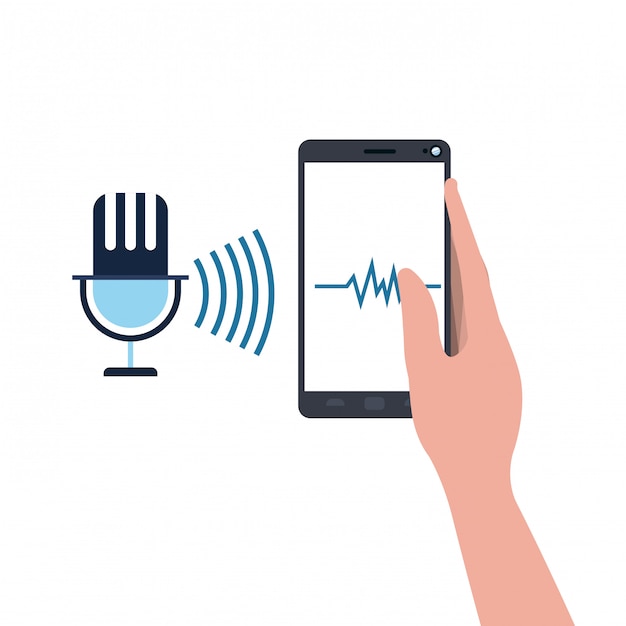 Vector hand with smartphone and voice assistant