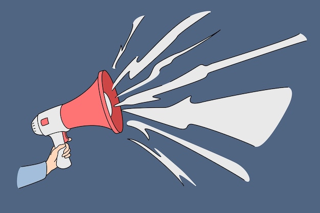 Hand with speaking loudly megaphone. Vector concept illustration of advertisement promotional marketing speaker.