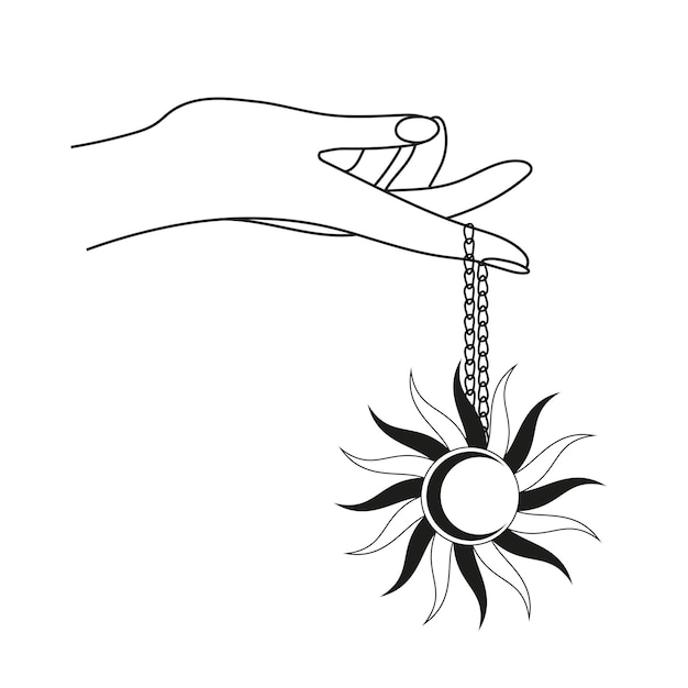 ベクトル 化粧品やジュエリーのロゴ タトゥー リニア スタイルの難解なチェーン シンボルに太陽のペンダントを持つ手