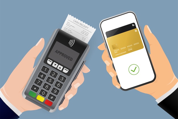 Hand with terminal and smartphone. Abstract online payment for mobile device . Online transaction.