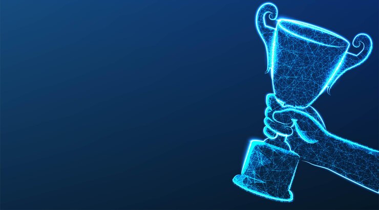 Вектор рука с трофеем кубок чемпионов награда концепция спортивной победы успех конкурса первое место лучший символ церемонии празднования победы абстрактная векторная иллюстрация низкополигональной сетки
