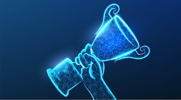 トロフィーカップチャンピオンズアワードスポーツ勝利コンセプトの手競争の成功1位最高の勝利のお祝いの儀式のシンボル抽象的な低ポリワイヤーフレームメッシュデザインベクトルイラスト