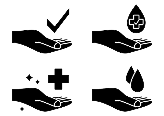 Hand with water drop and medical cross wash hands symbol antibacterial icons skin care sign