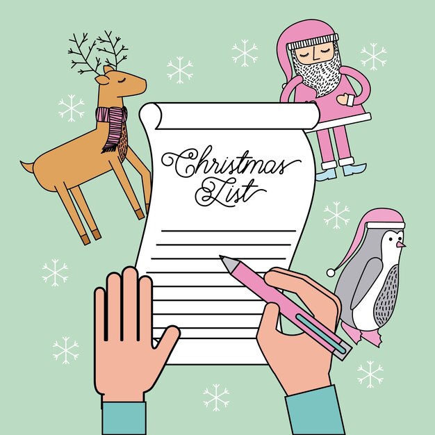 手書きクリスマスリストトナカイペンギンとサンタクロース