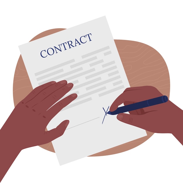 Hand writing on contract flat color vector illustration. Putting sign on business paper, on license sheet. Writing on official legal documents 2D cartoon first view hand with abstract background