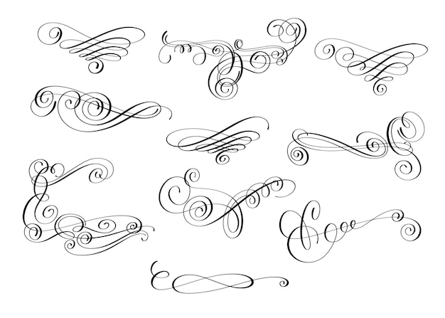 Insieme di disegno calligrafico scritto a mano di decorazione ornata di vortice