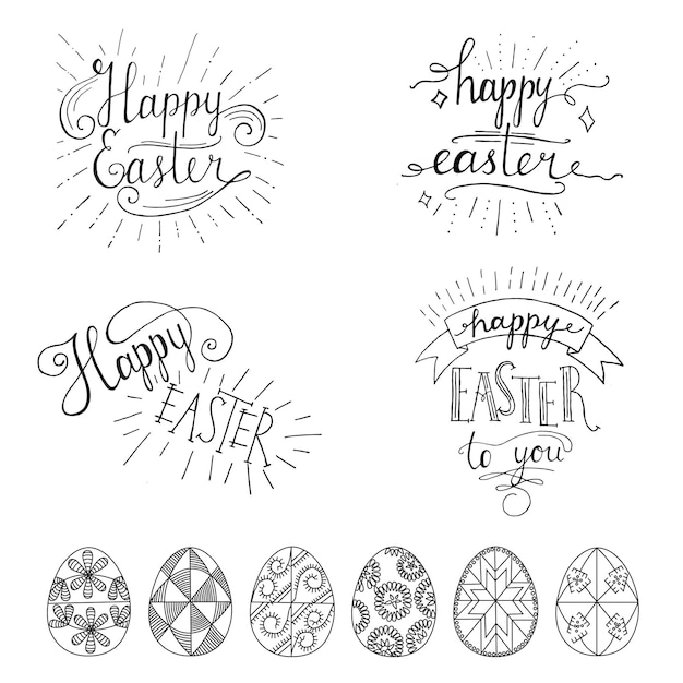 Hand written Easter phrases Greeting card text templates with Easter eggs isolated on white background