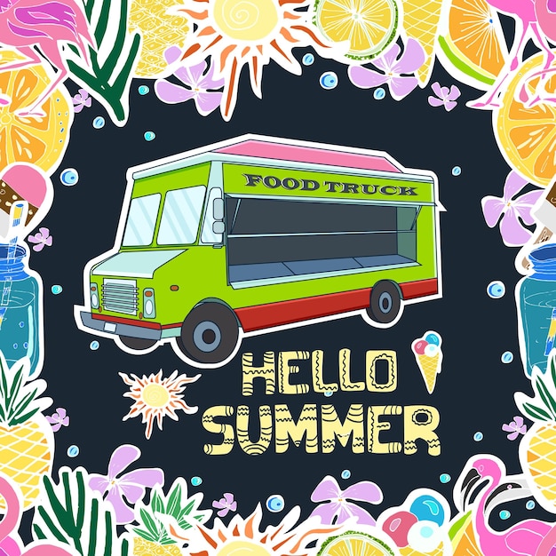 Vettore frase scritta a mano hello summer tropical background cibo gelato pista fiori esotici ananas gelato arancione cocktail foglie di palma illustrazione vettoriale poster estivo