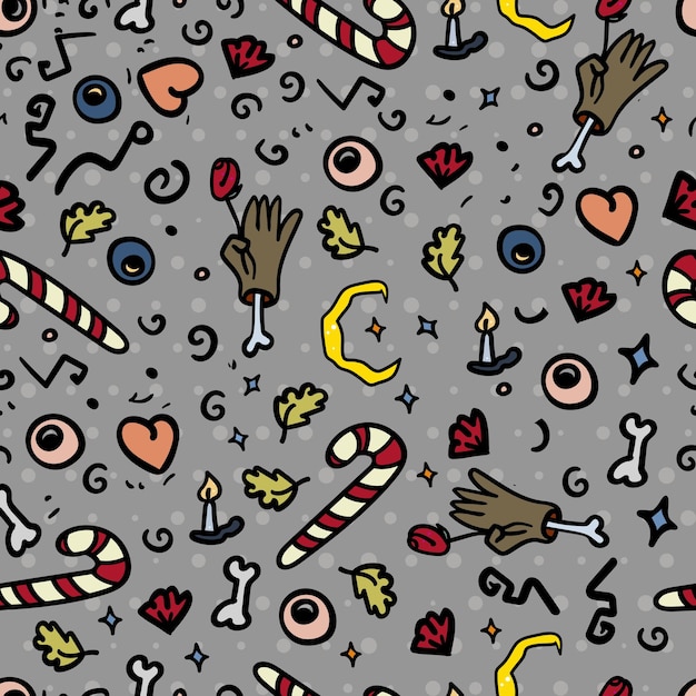 Hand zombie and candy can Halloween doodle seamless pattern