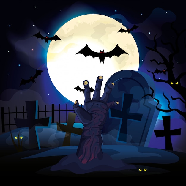 Hand of zombie in the dark night and halloween scene illustration