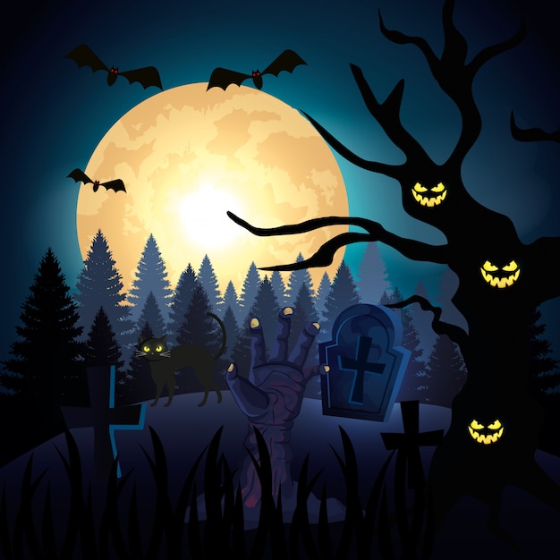 Hand of zombie in the dark night and halloween scene illustration