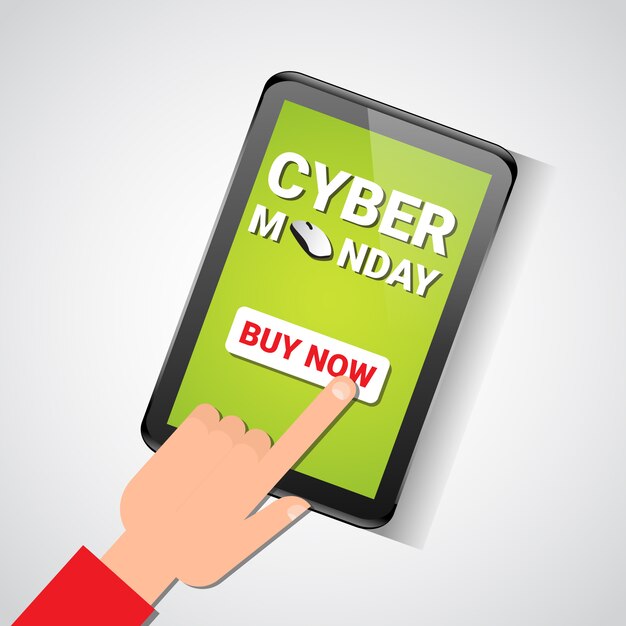 Handaanraking nu kopen-knop op digitale tablet met cyber monday-verkoopbericht