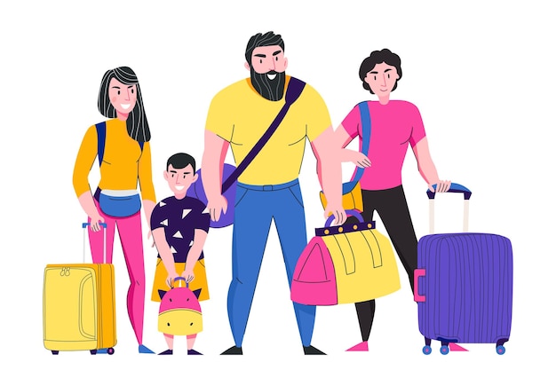 Vector handbagage reistassen bagage samenstelling met doodle karakters van familieleden met koffers vectorillustratie
