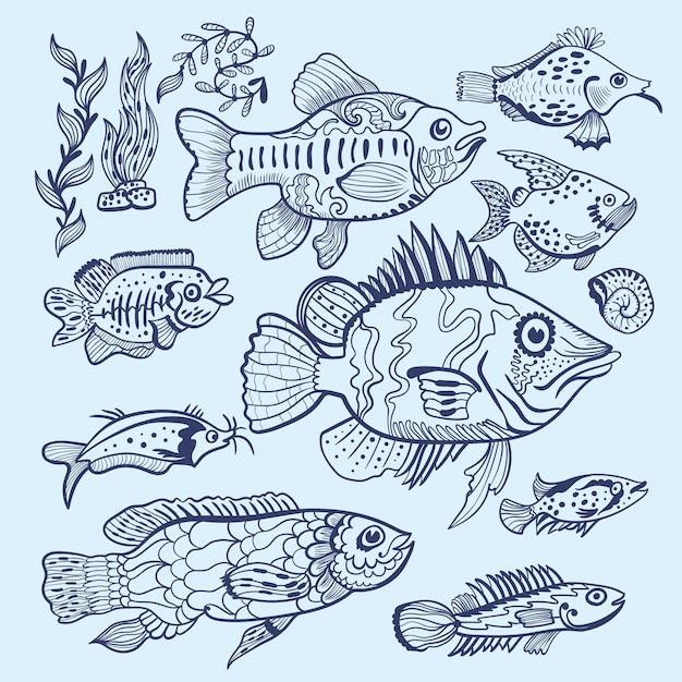 Handbeschilderde decoratieve silhouetten van rivierdieren op blauwe achtergrond voor ontwerp van de visserij