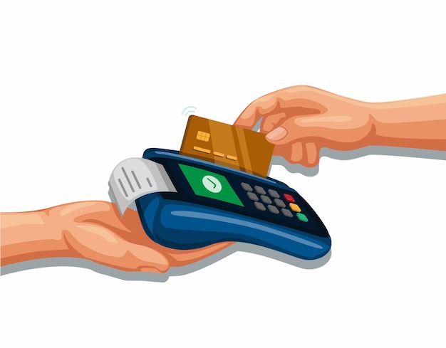 Vector handbeweging creditcard op mobiel bankieren van betaalapparaat