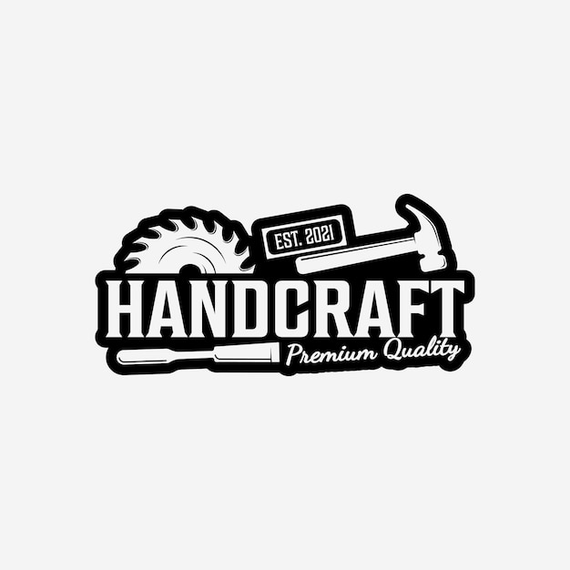 Handcraft with carpentry logo vector design  hexagon various machine saw and circle chainsaw and stack lumber tree trunk with illustration vintage logo
