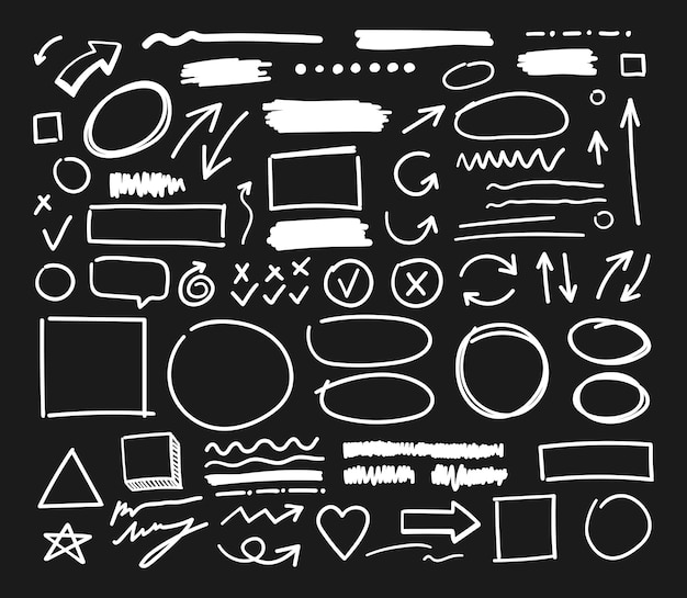 handcrafted elements. hand drawn vector arrows set on black background.