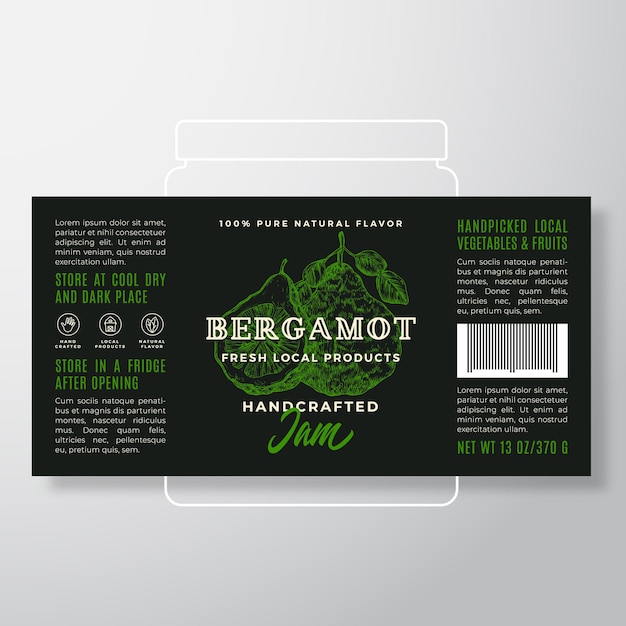 Handcrafted fruit jam label template abstract vector packaging design layout modern typography banner with hand drawn bergamot silhouette background isolated