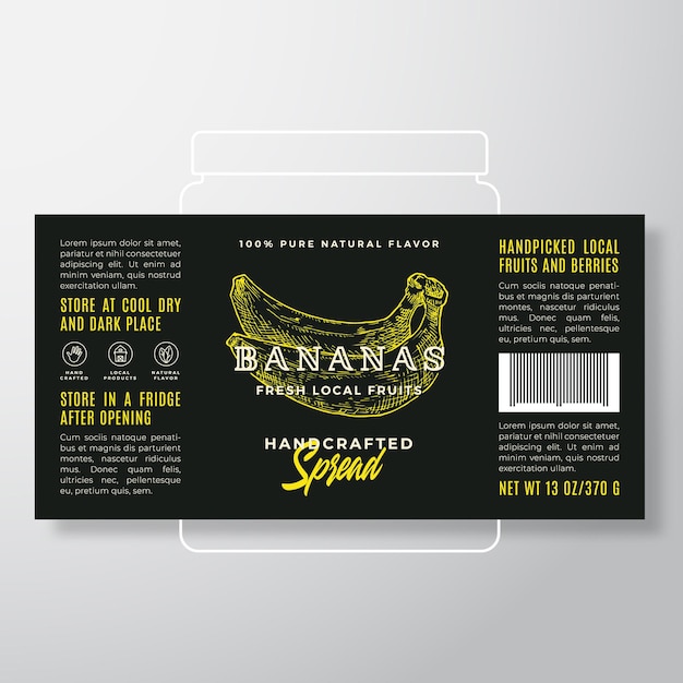 Handcrafted fruit spread or jam label template abstract vector packaging design layout modern typography banner with hand drawn bananas silhouette background