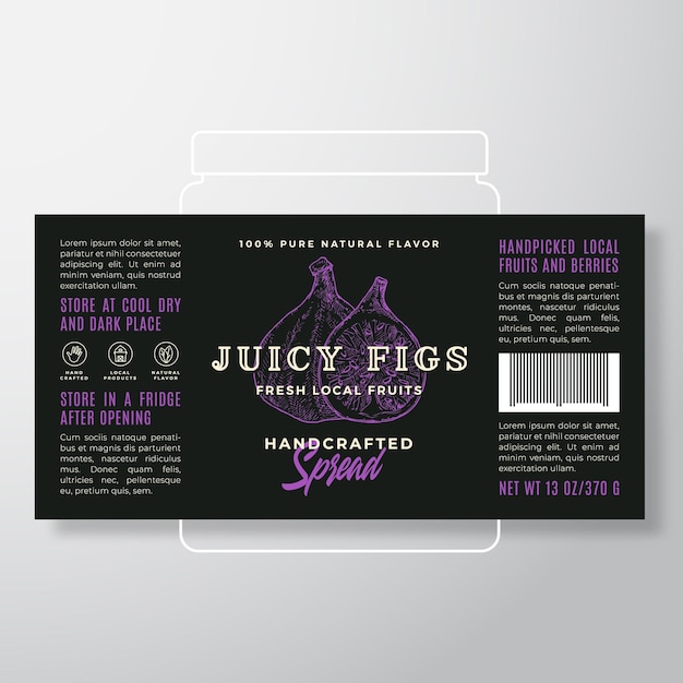 Vector handcrafted fruit spread or jam label template abstract vector packaging design layout modern typography banner with hand drawn half and whole figs silhouette background