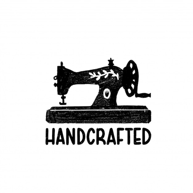 Handcrafted icon or logo. Vintage stamp icon with a retro sewing machine and hand crafted