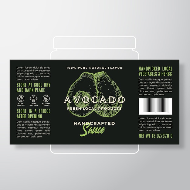 Vettore modello di etichetta di salsa di verdure ed erbe artigianali abstract vector packaging design layout banner di tipografia moderna con sfondo di silhouette di avocado disegnato a mano