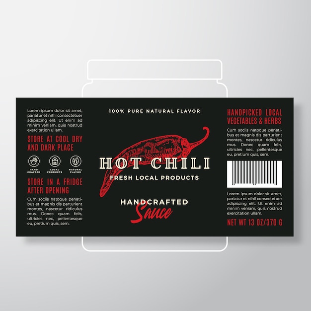 Handcrafted vegetables and herbs sauce label template abstract vector packaging design layout modern typography banner with hand drawn hot chili pepper silhouette background