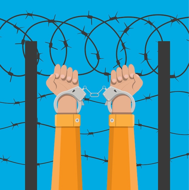 Vector handcuffs on hands and barbed wire