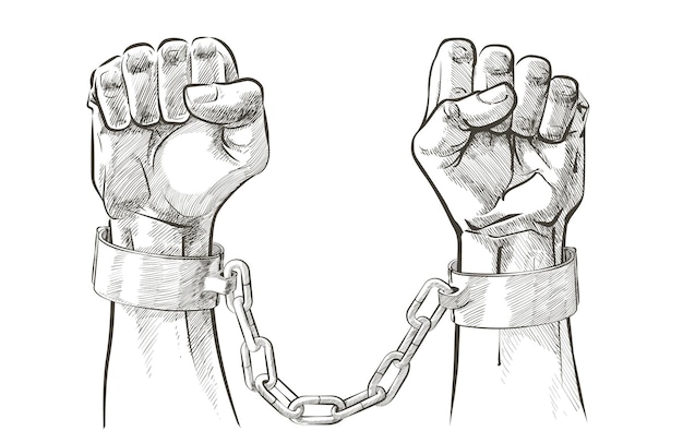 Handcuffs on the hands of the slave black african americans. criminal man in antique shackles chains. a slavery, dependence, punishment, unfreedom, treatment, bondage concept. sketch vector