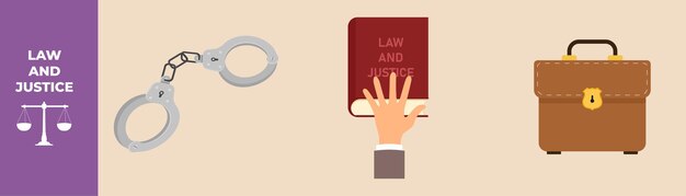 Handcuffs Law book and Lawyer bag Law set concept Flat vector illustrations isolated