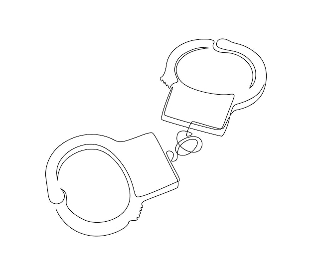 Handcuffs in one continuous line drawing symbol of police justice and jail prison concept in simple linear style true crime thin icon with editable stroke doodle vector illustration