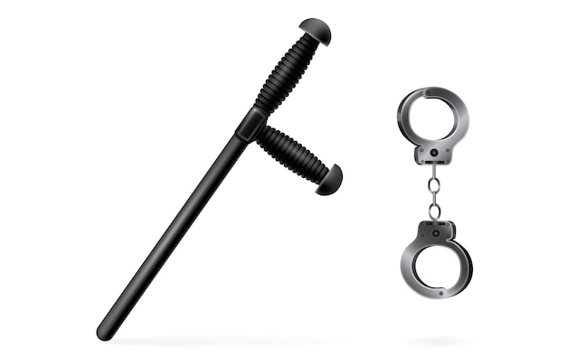 Vector handcuffs with a police bat police black rubber baton isolated on white background