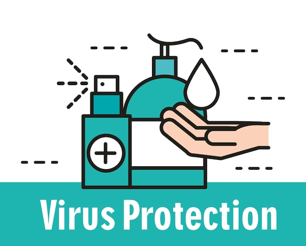 Handdispenser voor virusbescherming met ontsmettingsgel en sprayillustratielijn en vulpictogram