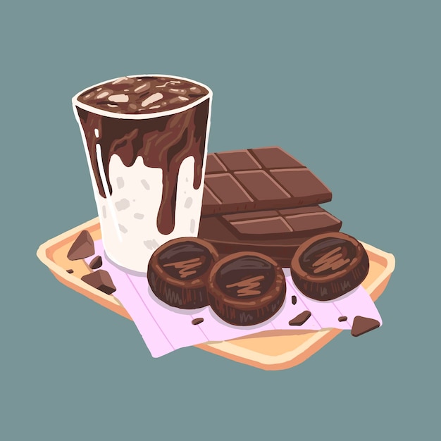 Handdrawing of milk and chocolate cookies