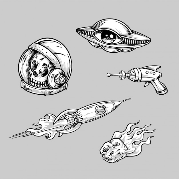 Illustrazione di vettore di handdrawing retro alien space tattoo