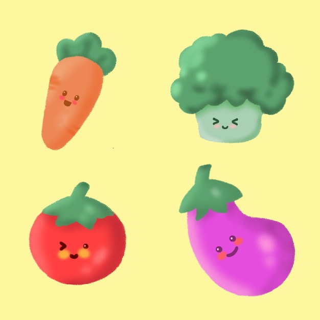 Handdrawing Vegetable Brocoli Eggplant Tomato Carrot Illustration Mascot Crayon