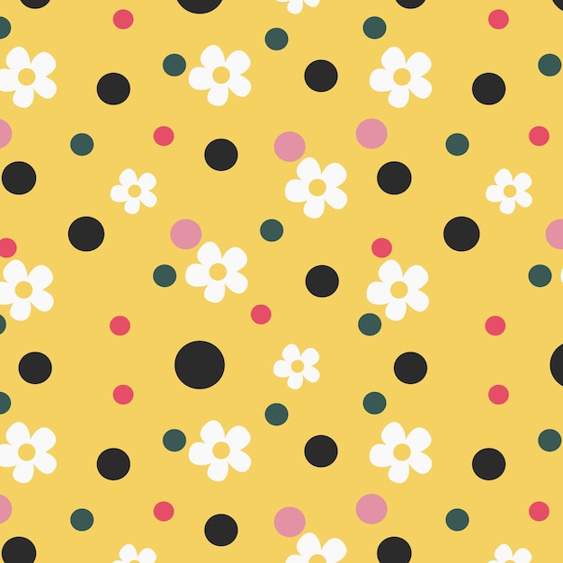 Handdrawn abstract chamomile flowers and circles in the form of a seamless pattern