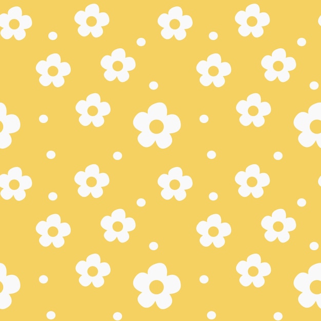 Handdrawn abstract chamomile flowers in a seamless pattern on a white background Repeating floral