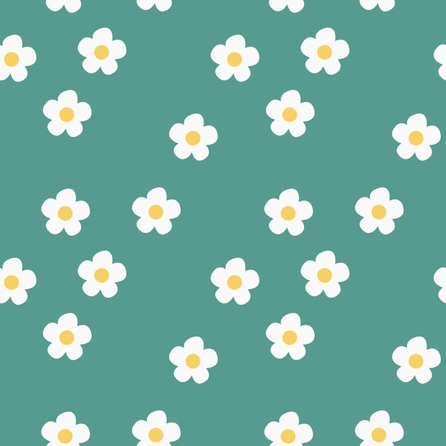 Handdrawn abstract chamomile flowers in a seamless pattern on a white background Repeating