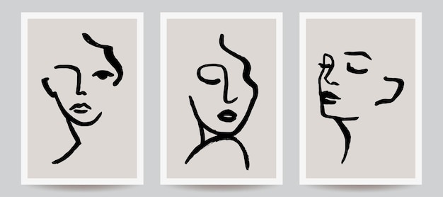 Handdrawn abstract face illustrations trendy vector art prints