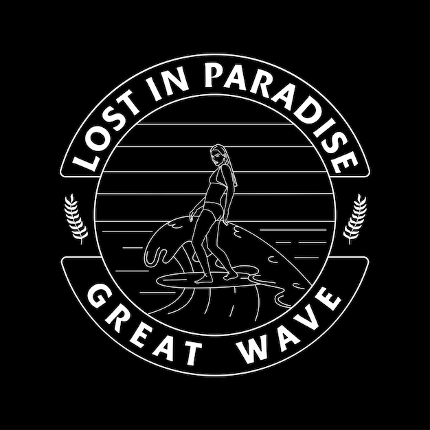 A handdrawn badge with a woman on a surfboard waves and an inscription Surfing concept