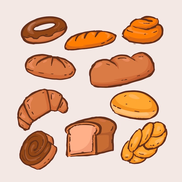 Handdrawn bakery bake bread pastry delicious food collection set for restaurant