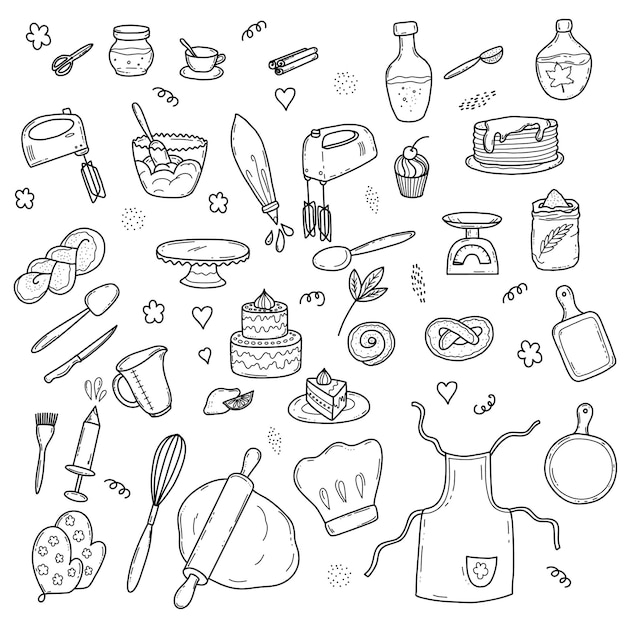 Vector handdrawn baking elements creating recipes a set of equipment for making cupcakes and cakes