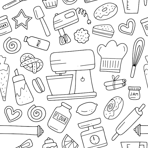 Handdrawn baking set seamless pattern simple vector illustration