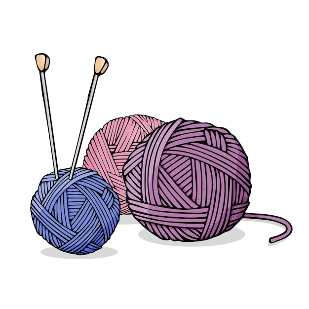 뜨개질과 뜨개질 바늘을 위한 손으로 그린 양모 공